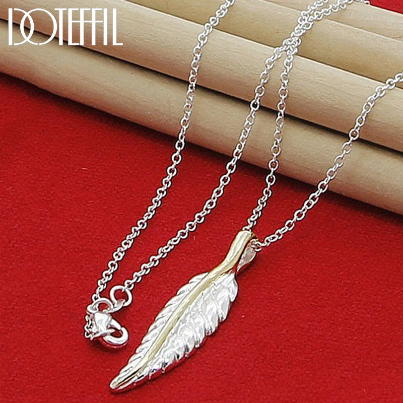 925 Silver Leaves Feather Necklace 18 Inch Chain Women Wedding Engagement Charm