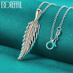 925 Silver Leaves Feather Necklace 18 Inch Chain Women Wedding Engagement Charm