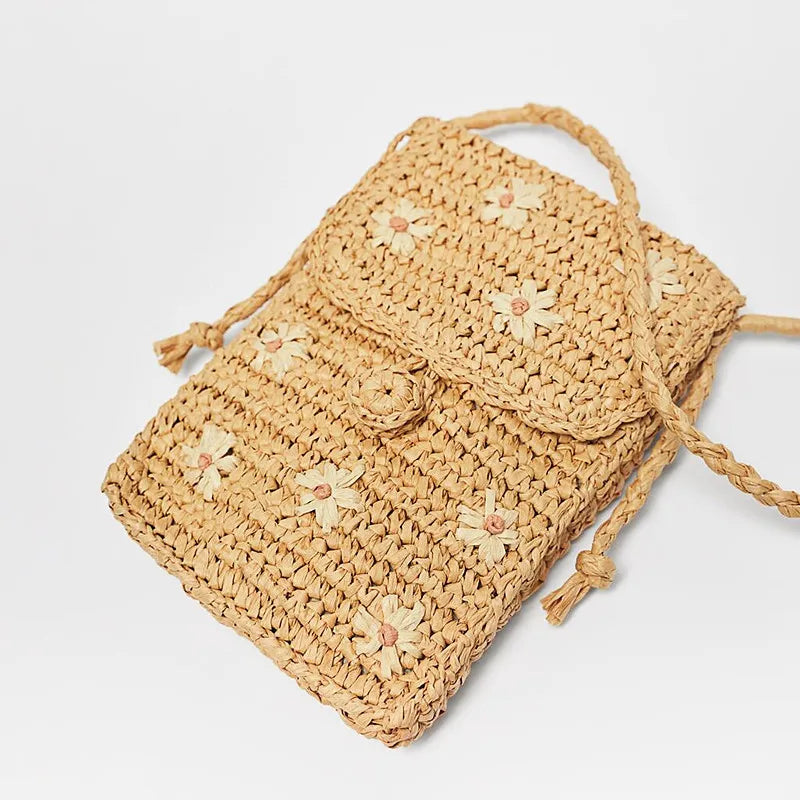 Daisy Flower Straw Small Phone Bag Ladies Shoulder Bag Crossbody Messenger Bags
