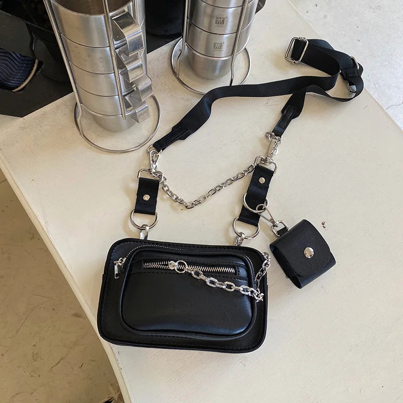 Dark Gothic Mini Square Bag Women Street Chains Crossbody Phone Bags