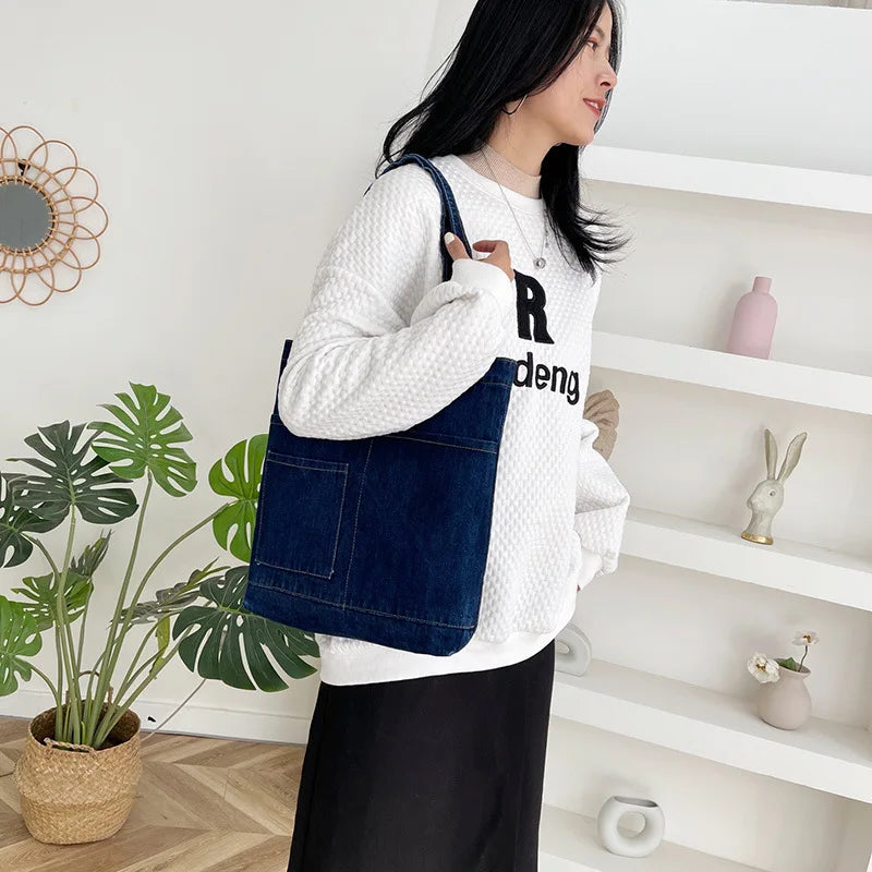 Denim Shoulder Bag for Women Casual Tote Soft Large Capacity Ladies Shopper