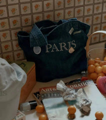 Denim Shoulder Tote Letters Handbag Large Compartment Soft Casual Satchel Bag