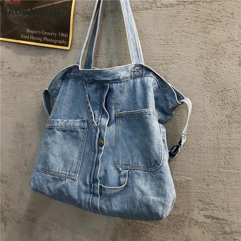 Denim Slouch Bag Women Casual Boho Soft Handbag Lady Style Top-handle Bag