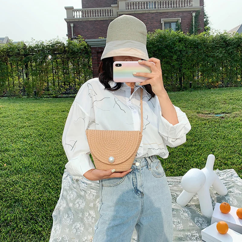 High Straw Small Bucket Bag for Beach Shoulder Bag