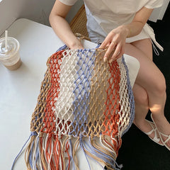 Braided Crochet Net Bag Women Casual Woven Travel Beach Bucket Tote Purse