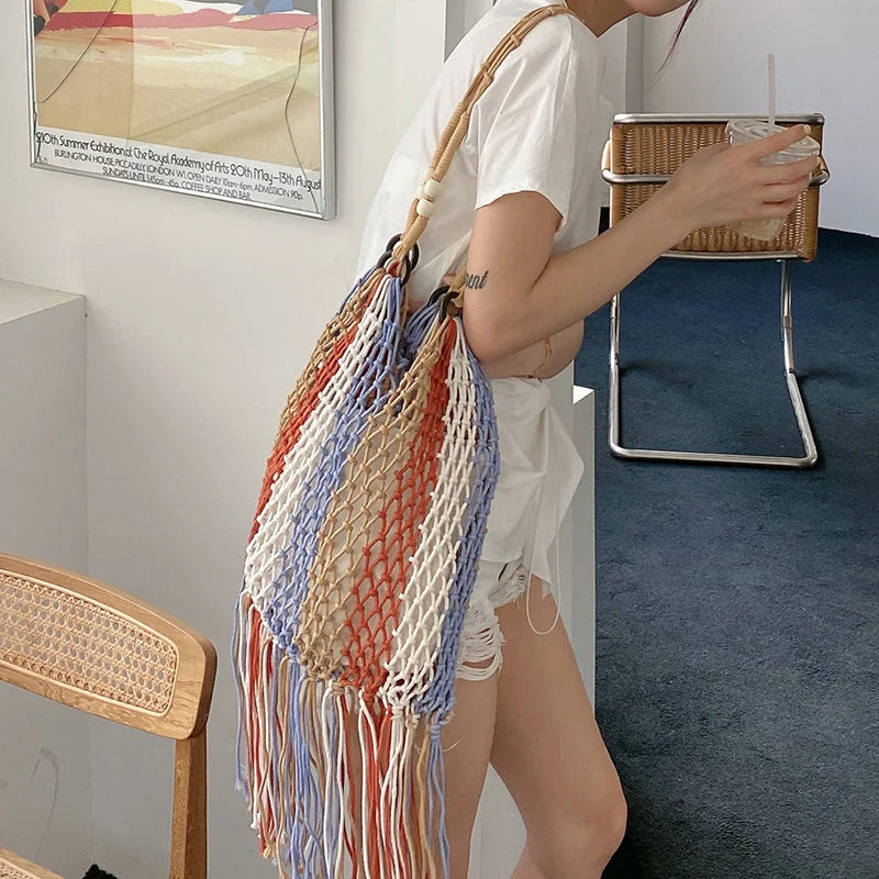 Braided Crochet Net Bag Women Casual Woven Travel Beach Bucket Tote Purse