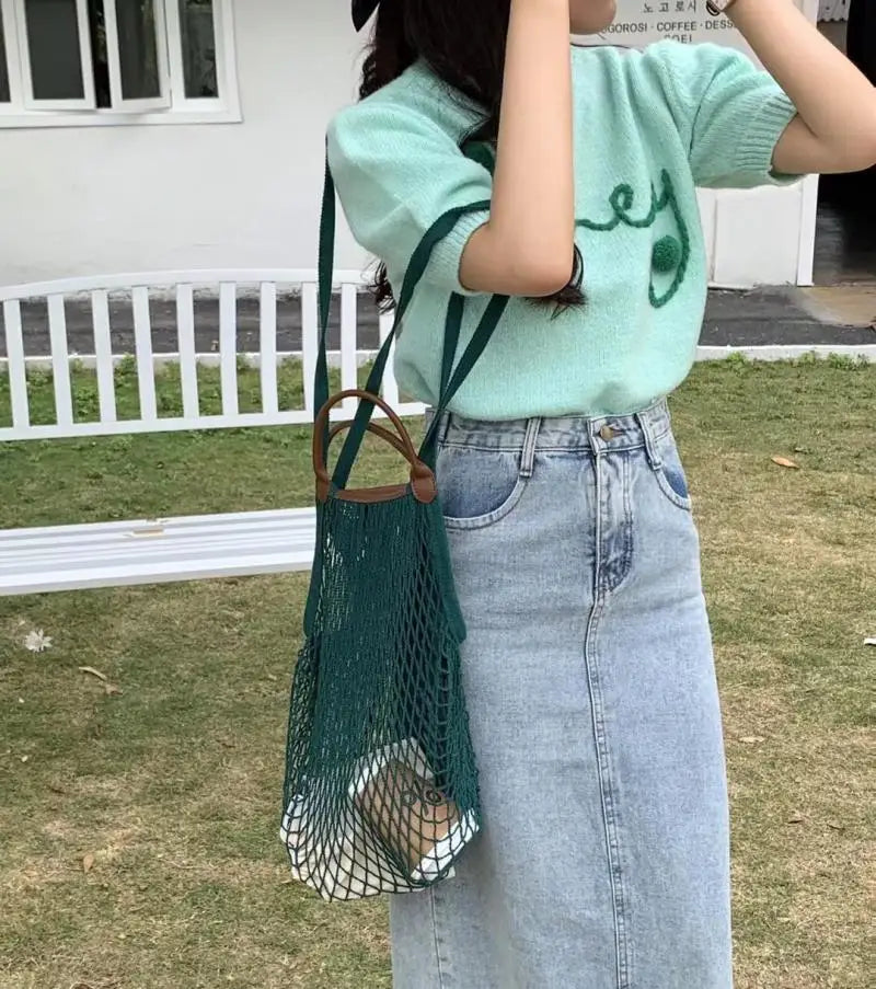 Cotton Mesh Hollow Net Rope Shoulder Bags Summer Basket Bag