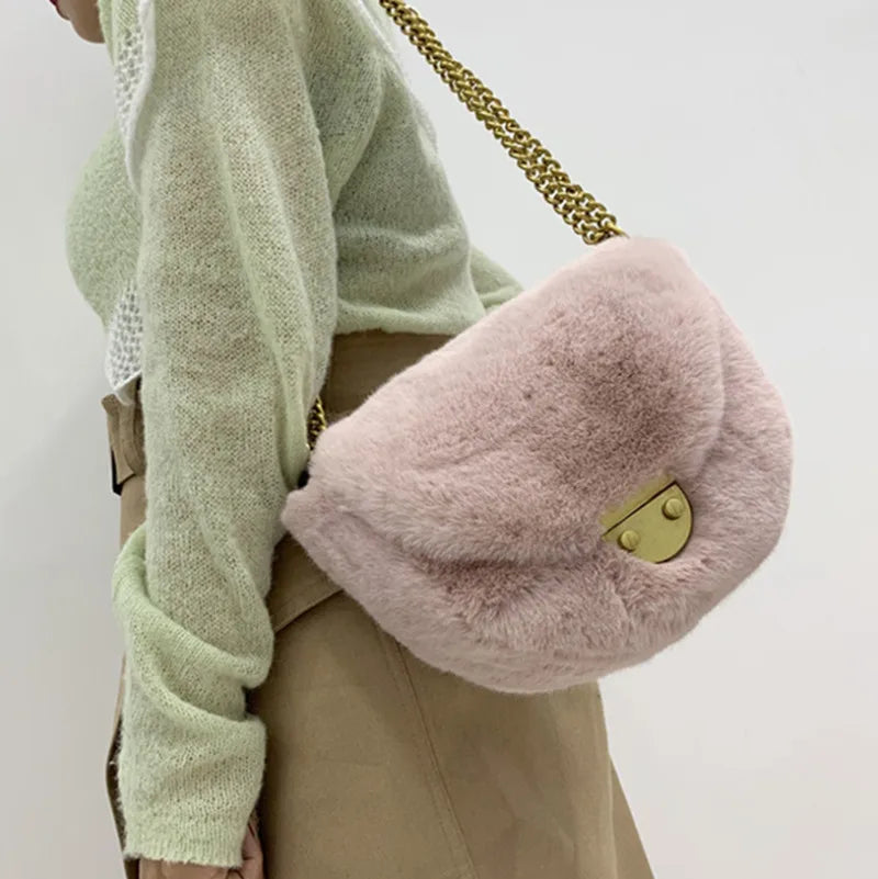 Faux Fur Flap Crossbody Bag Plush Shoulder Winter Shopper Handbag