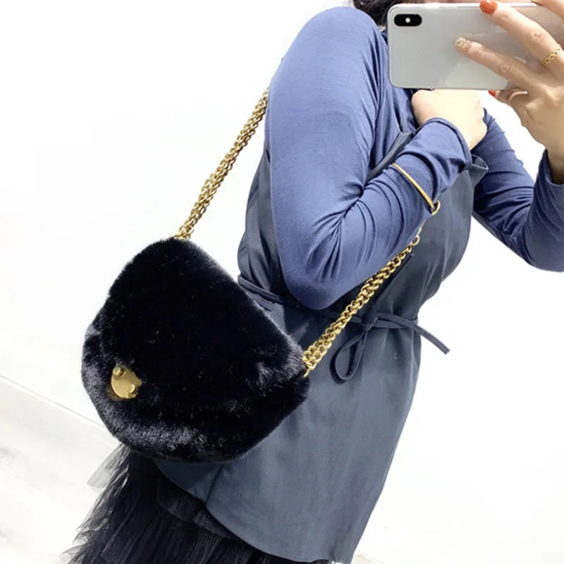 Faux Fur Flap Crossbody Bag Plush Shoulder Winter Shopper Handbag