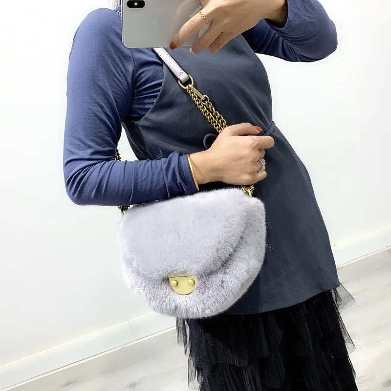 Faux Fur Flap Crossbody Bag Plush Shoulder Winter Shopper Handbag