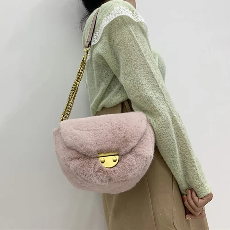 Faux Fur Flap Crossbody Bag Plush Shoulder Winter Shopper Handbag