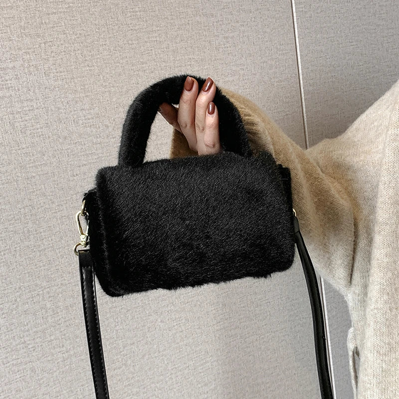 Pink Faux Fur Plush Shoulder Bag Ladys Clutch Purse Soft Fluffy Handle Tote