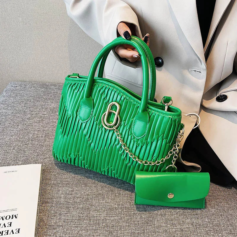 Women Green Silver Fold Shoulder Bags Casual Chain Crossbody Bags