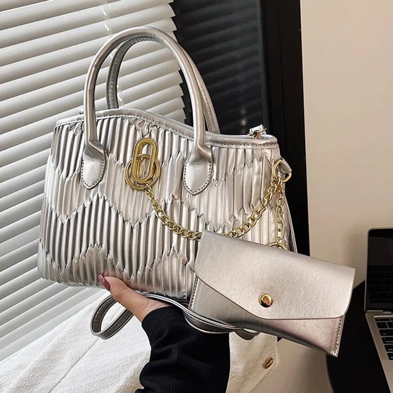 Women Green Silver Fold Shoulder Bags Casual Chain Crossbody Bags