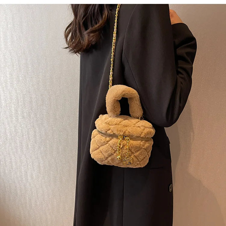 Plush Diamond Lattice Chain Purse - Small Fur Handbag