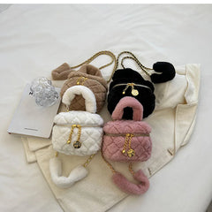 Plush Diamond Lattice Chain Purse - Small Fur Handbag