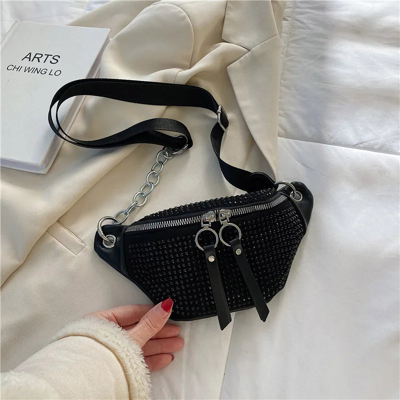 Diamond Leather Female Belt Bag Ladies Fanny pack Hip pack Woman Shoulder Crossb