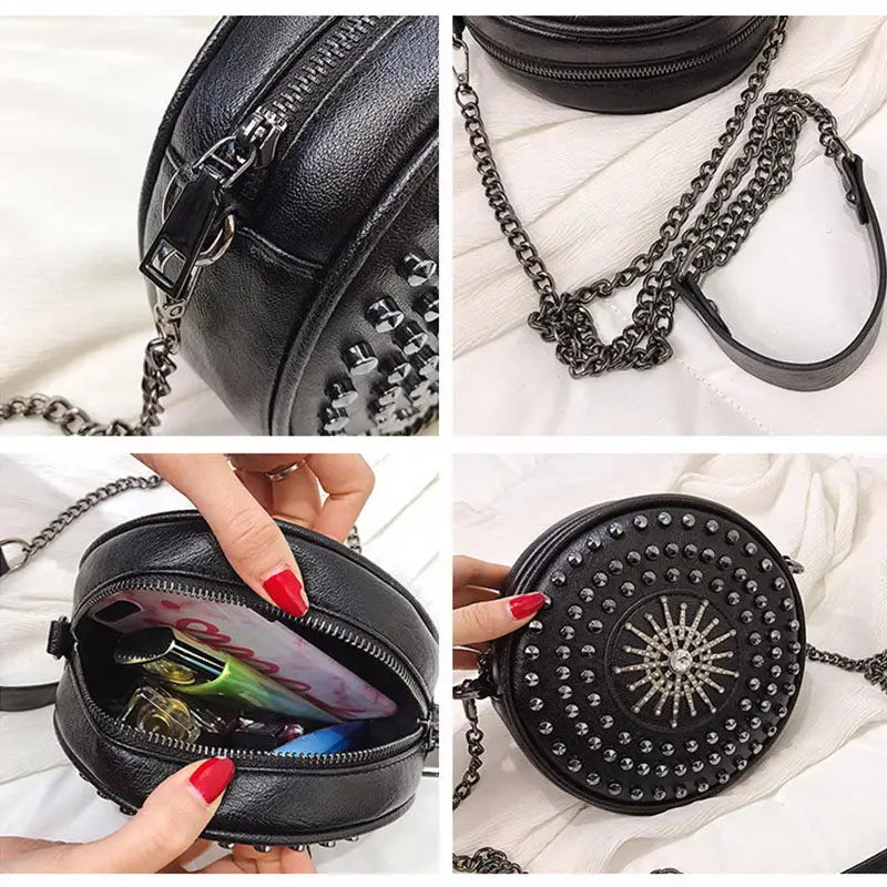 Diamonds Circular Bag Women Shoulder Bag Rivet Crossbody Small Bag