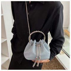 Diamonds Tassel Evening Clutch Bag Metal Ring Handle Crystal Bucket Purse