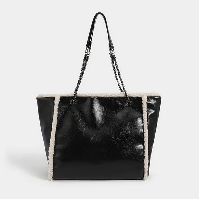 Winter Large Capacity Tote Bag Chain PU Leather Women Bags