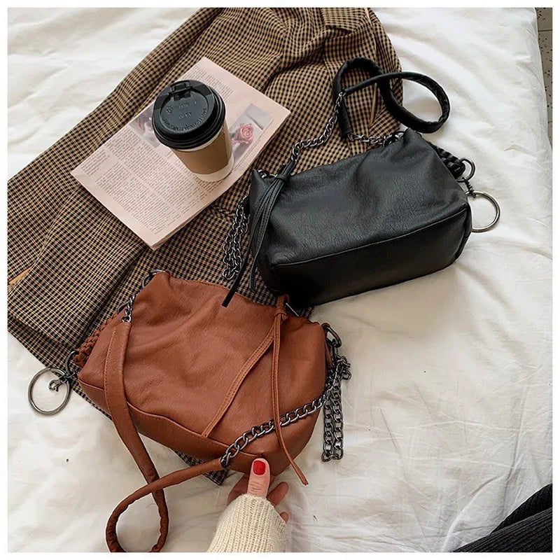 Retro Crossbody Bag Small Square Soft PU Leather Shoulder Chain Female Bag