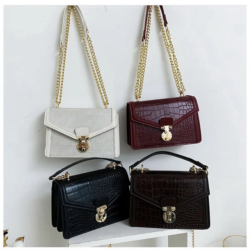Vintage Crocodile Pattern Lock Shoulder Bag Women Crossbody Bag