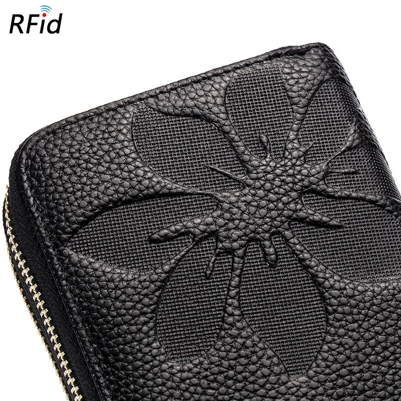 Women's Double Layer Leather Clutch Wallet Floral Embossed High Capacity Purse R