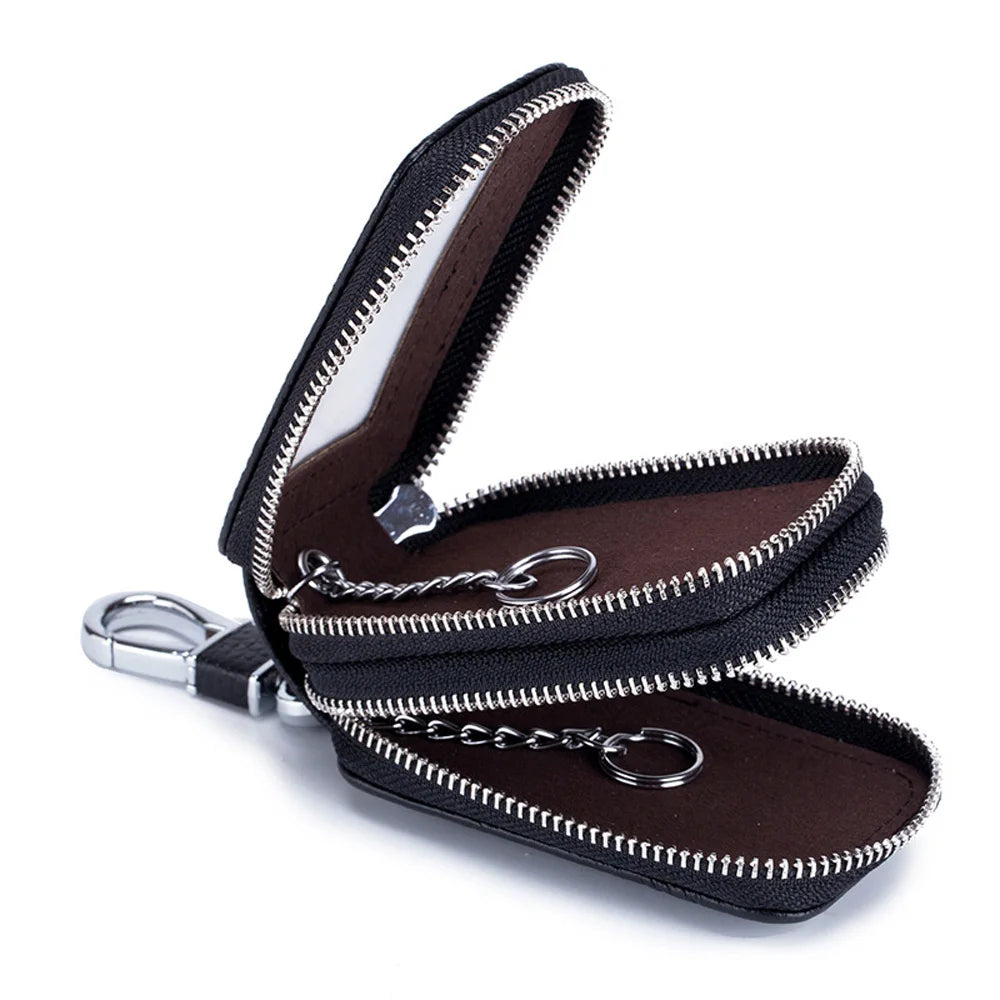 Double Layers Car Key Holder Soft Leather Multi-function Double Zipper