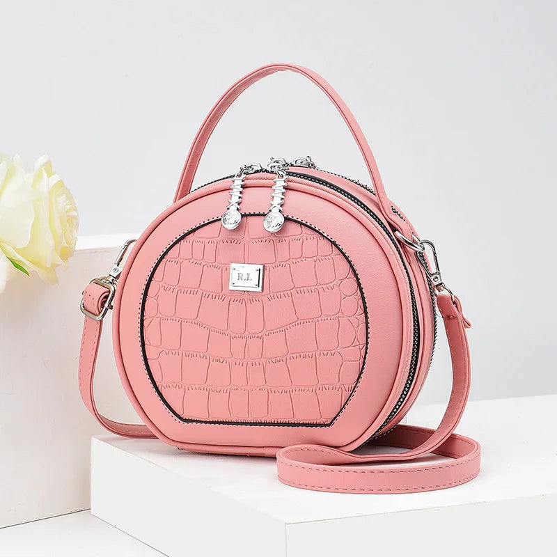 Vintage PU Leather Mini Saddle Bag Double Zippers Circular Shoulder Bag