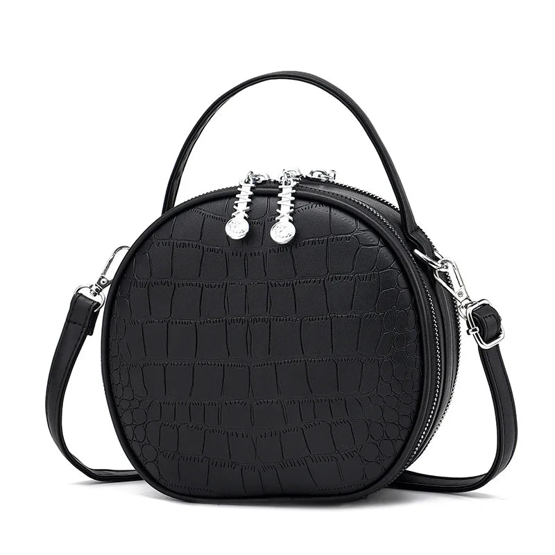 Vintage PU Leather Mini Saddle Bag Double Zippers Circular Shoulder Bag