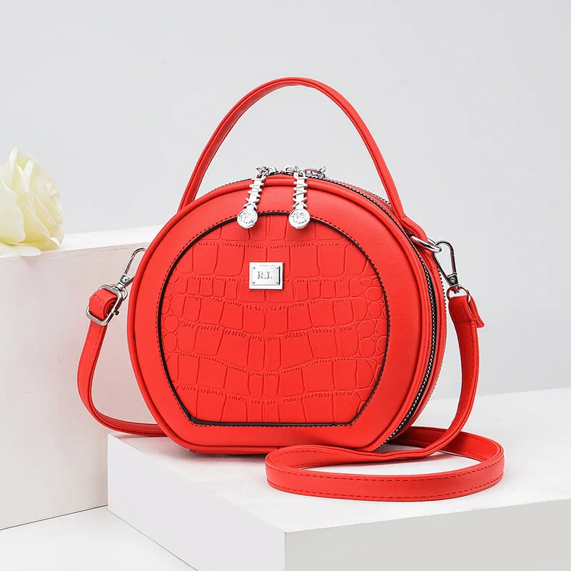 Vintage PU Leather Mini Saddle Bag Double Zippers Circular Shoulder Bag