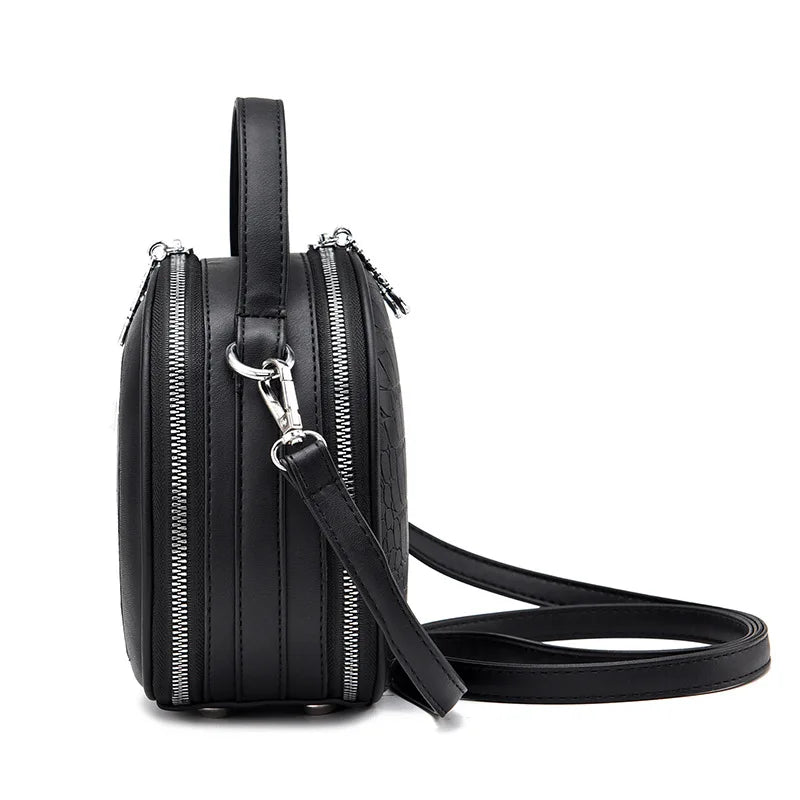Vintage PU Leather Mini Saddle Bag Double Zippers Circular Shoulder Bag