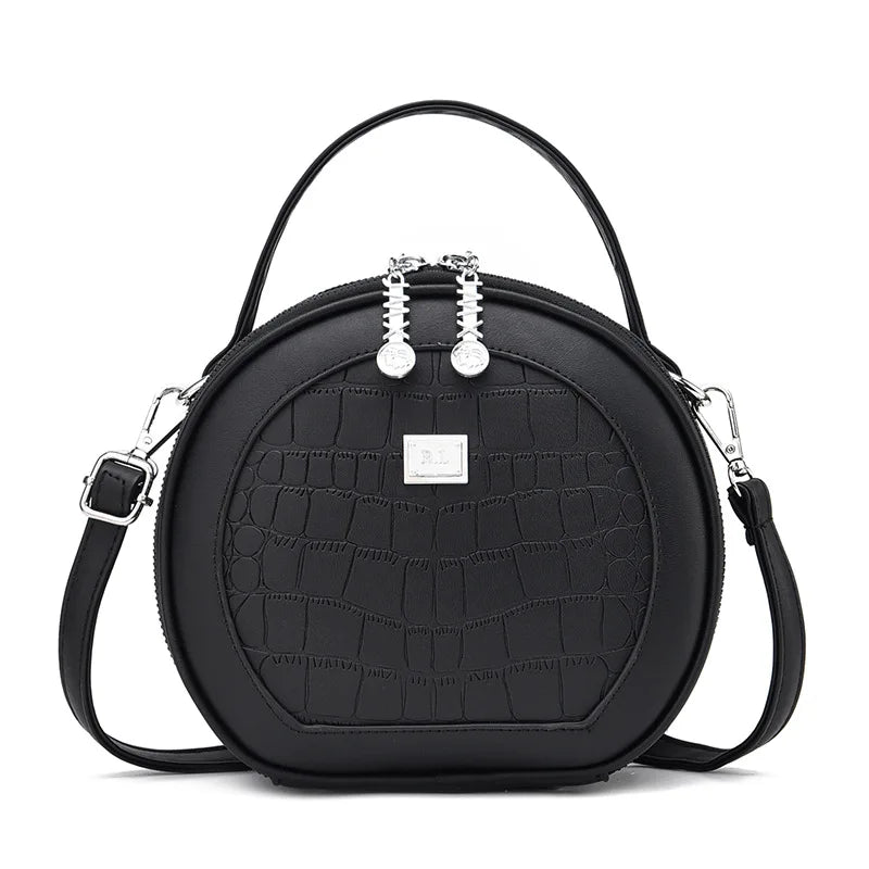 Vintage PU Leather Mini Saddle Bag Double Zippers Circular Shoulder Bag
