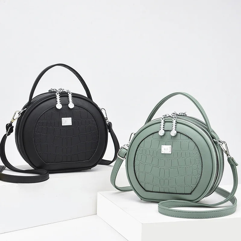 Vintage PU Leather Mini Saddle Bag Double Zippers Circular Shoulder Bag