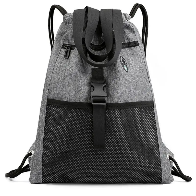 Drawstring Bag Gym With Pockets Sports Sack With Handle-Grey
