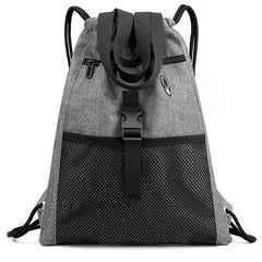 Drawstring Bag Gym With Pockets Sports Sack With Handle-Grey