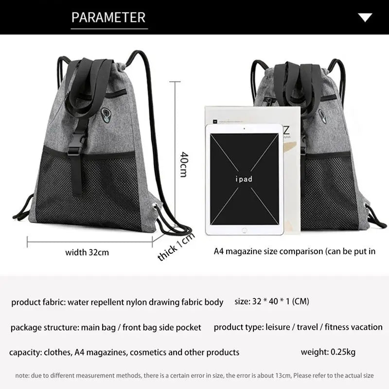 Drawstring Bag Gym with Pockets Sports Sack Grey