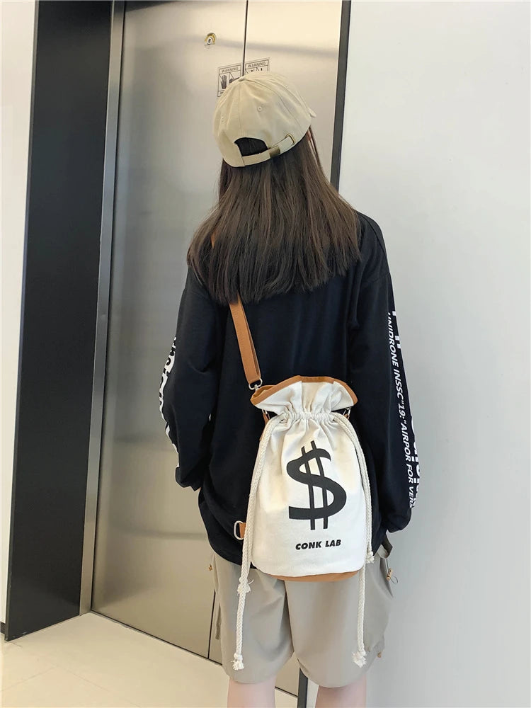 Large Drawstring Canvas Backpack Funny Street Bucket Bag