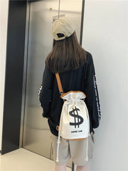 Large Drawstring Canvas Backpack Funny Street Bucket Bag