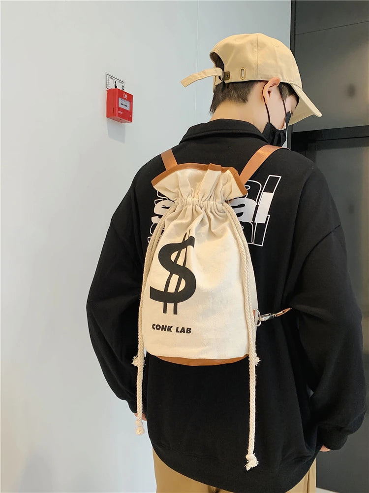 Large Drawstring Canvas Backpack Funny Street Bucket Bag