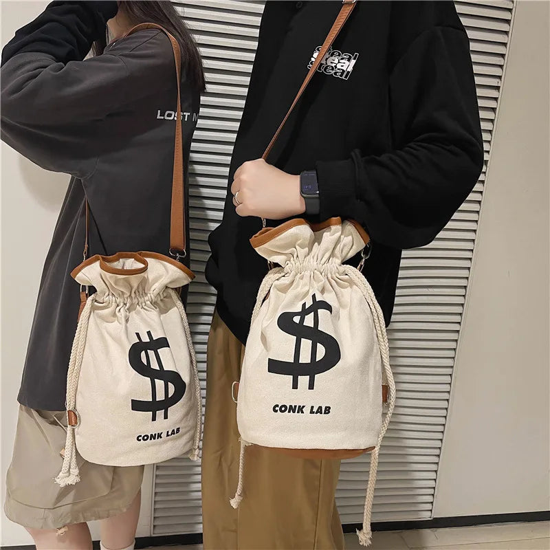 Large Drawstring Canvas Backpack Funny Street Bucket Bag