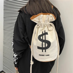 Large Drawstring Canvas Backpack Funny Street Bucket Bag
