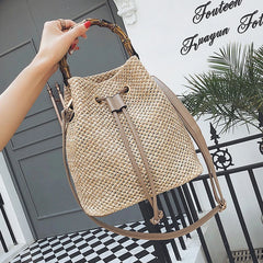 Women's Straw Bucket Bag Woven Shoulder Bags Beach Handbag