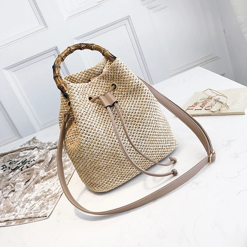 Women's Straw Bucket Bag Woven Shoulder Bags Beach Handbag