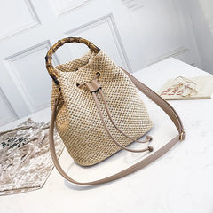 Women's Straw Bucket Bag Woven Shoulder Bags Beach Handbag