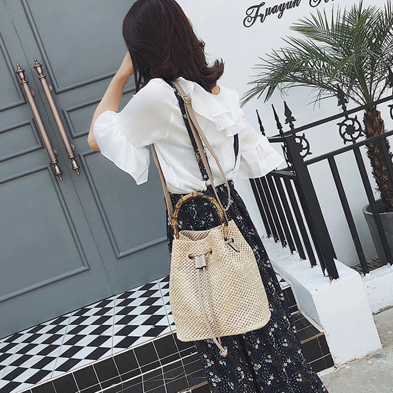 Women's Straw Bucket Bag Woven Shoulder Bags Beach Handbag