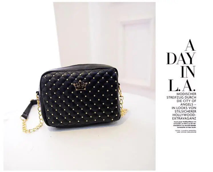 Women Messenger Bag Rivet Chain Shoulder Bag PU Leather Crossbody Crown Bags