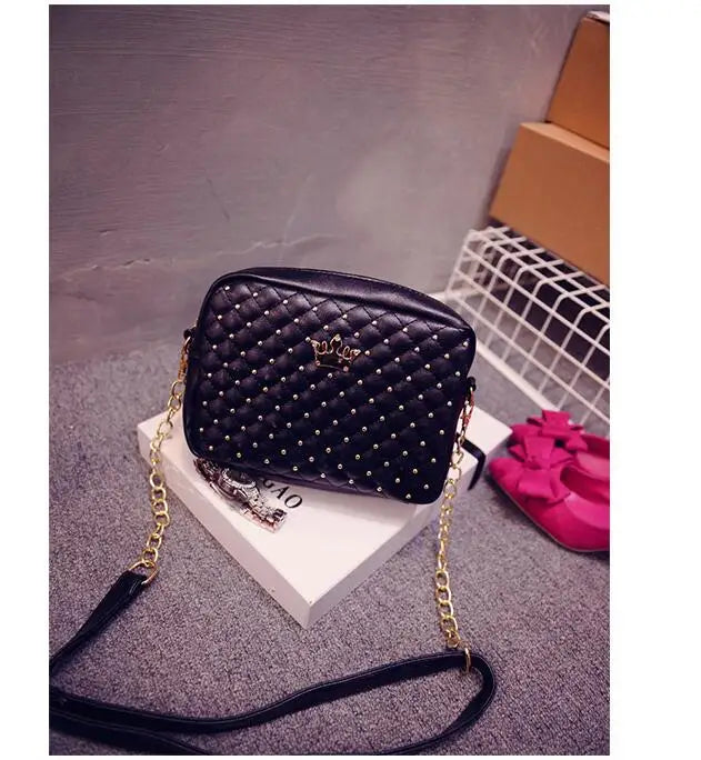 Women Messenger Bag Rivet Chain Shoulder Bag PU Leather Crossbody Crown Bags
