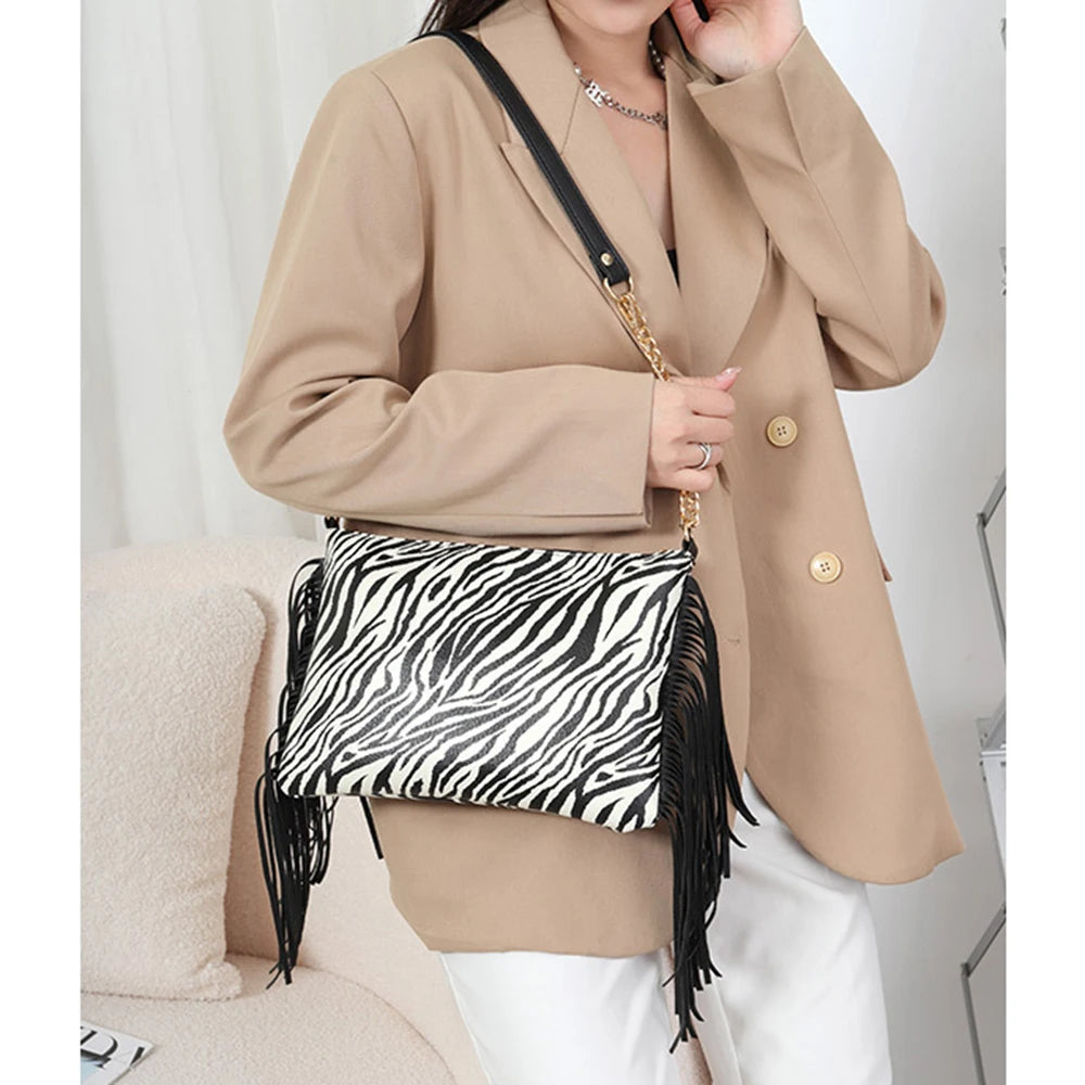 Banma Pattern Tassel Shoulder Bag Crossbody Clutch Chain Bag