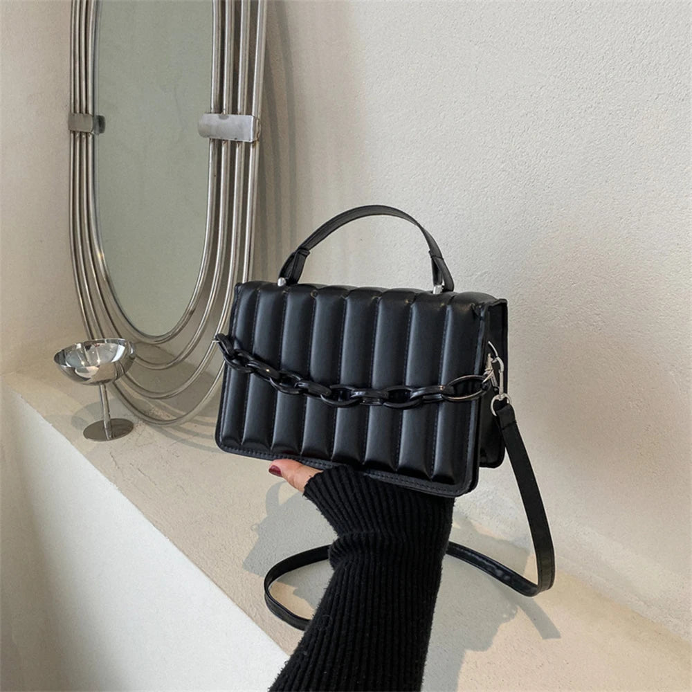 Women Stripe Handbags Solid Chain Shoulder Bags Horizontal Square Messenger Bags